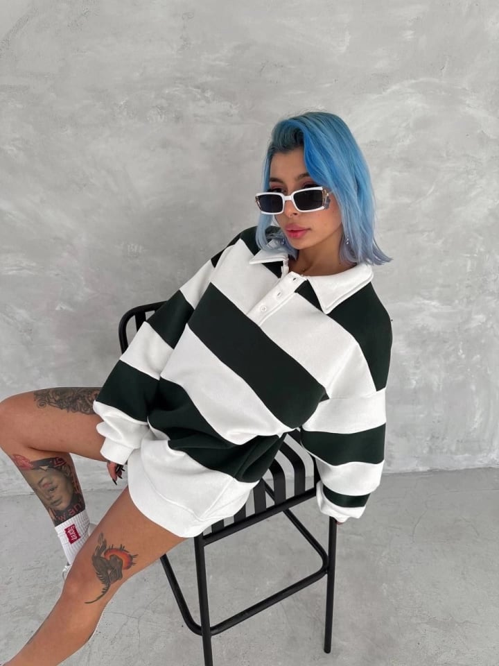 Unisex Üç İplik Parçalı Yakalı Sweatshirt - Yeşil
