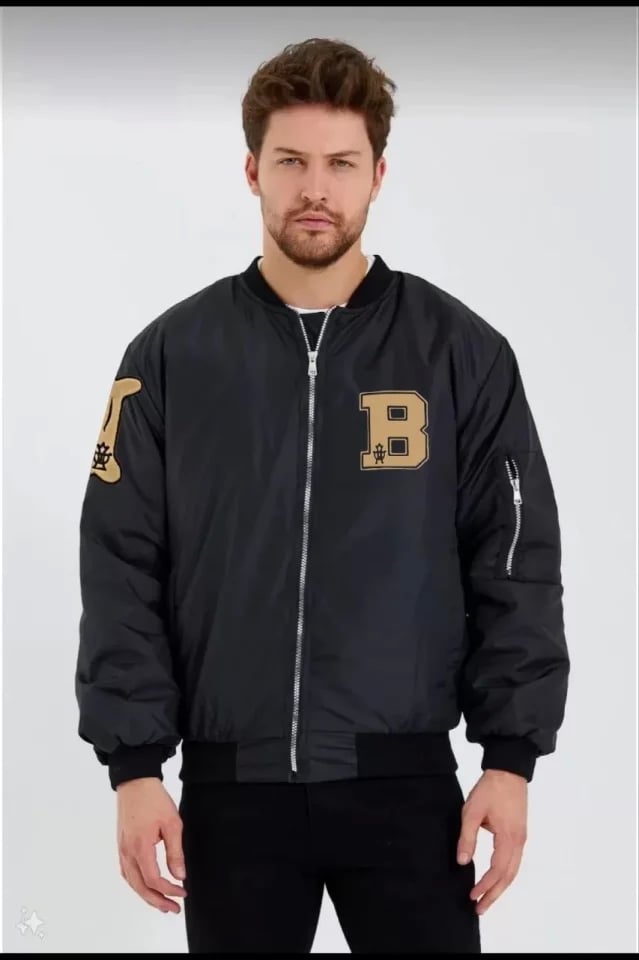 Unisex Uzun Kol Baskılı Bomber Ceket - Siyah