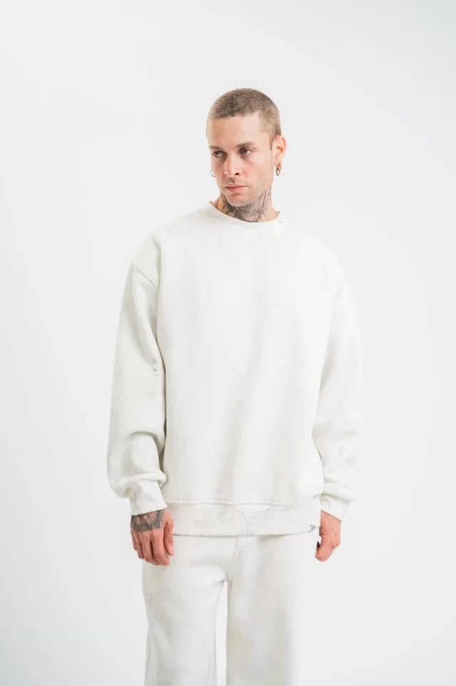 Unisex Uzun Kol Bisiklet Yaka Yıkamalı Sweatshirt - Beyaz