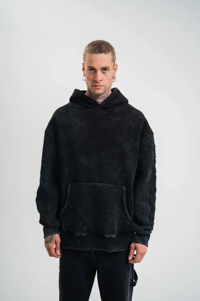 Unisex Uzun Kol Kapşonlu Yıkamalı Nakışlı Sweatshirt - Siyah
