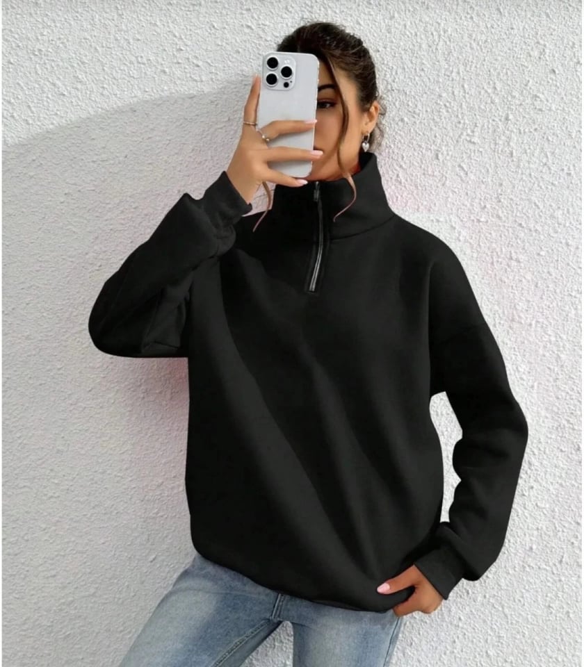 Unisex Uzun Kol Yarım Farmuarlı Yakalı Basic Sweatshirt - Siyah