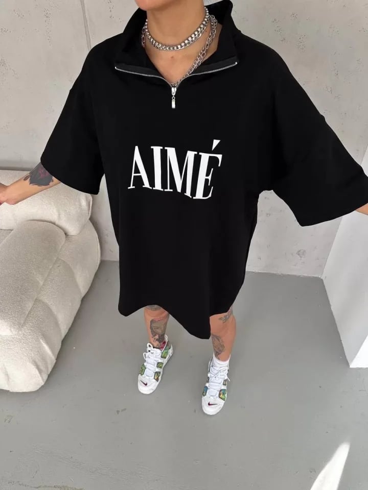 Unisex Yarım Fermuarlı Baskılı T-shirt - Siyah