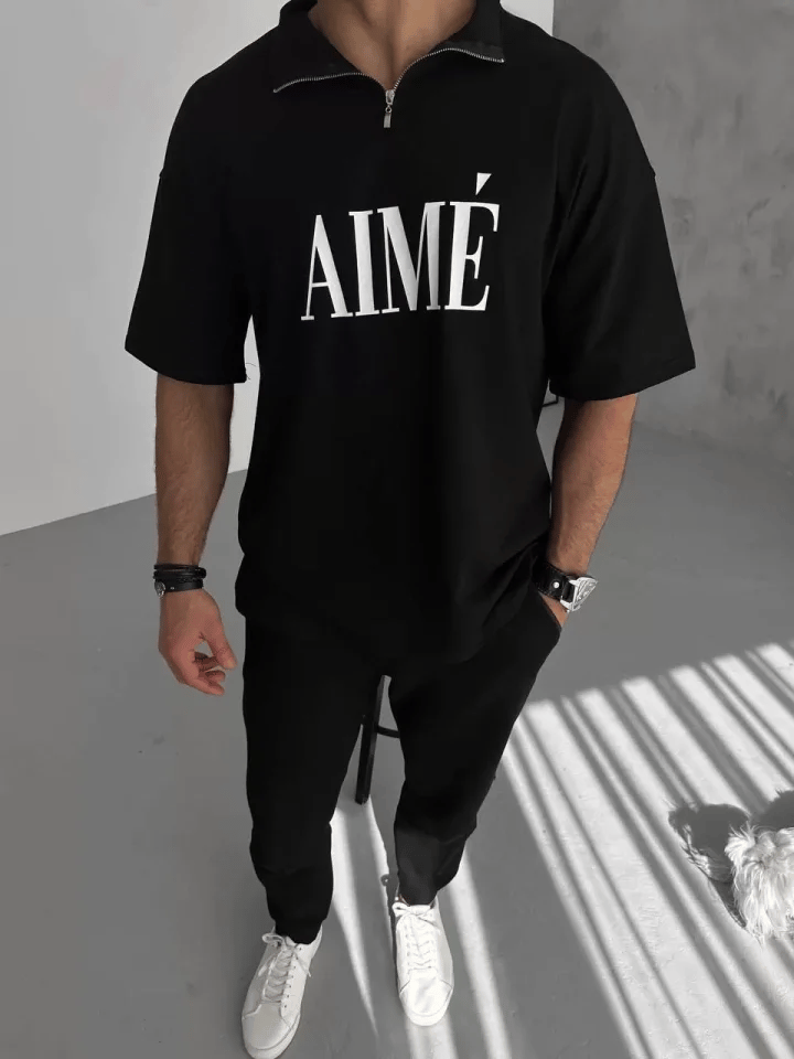 Unisex Yarım Fermuarlı Baskılı T-shirt - Siyah