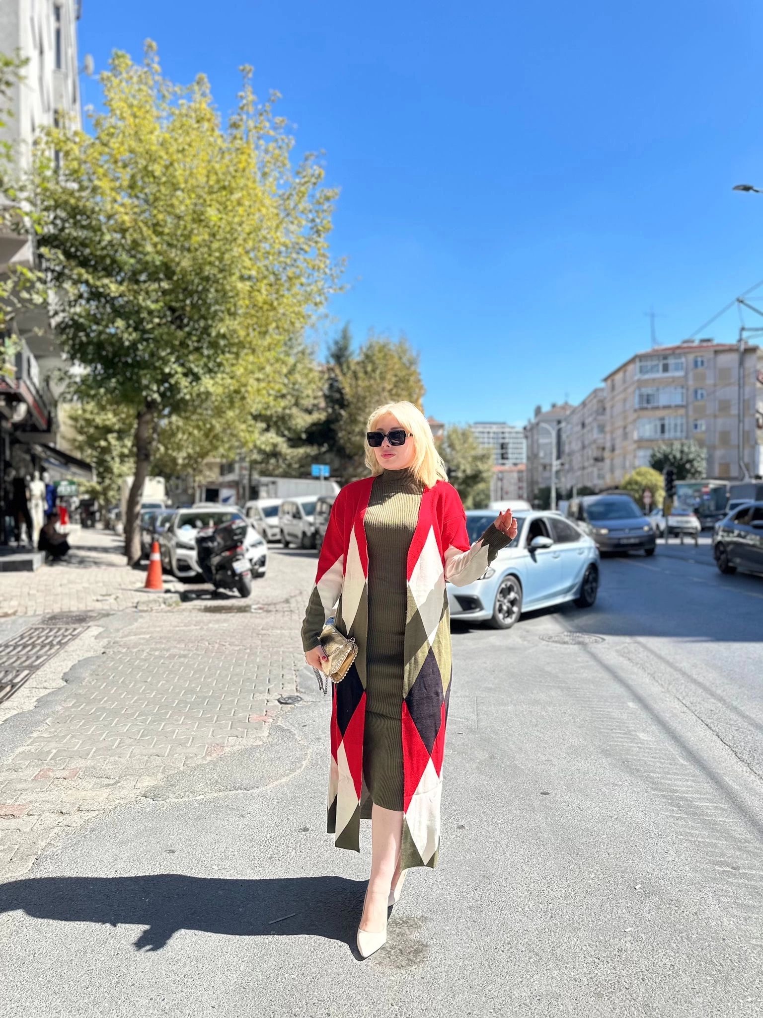 Uzun Hırka İçi Elbise İkili Triko Takım Ekose Baklava Desen Haki Kırmızı