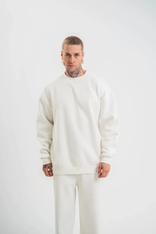 Uzun Kol Bisiklet Yaka Basic Sweatshirt - Beyaz