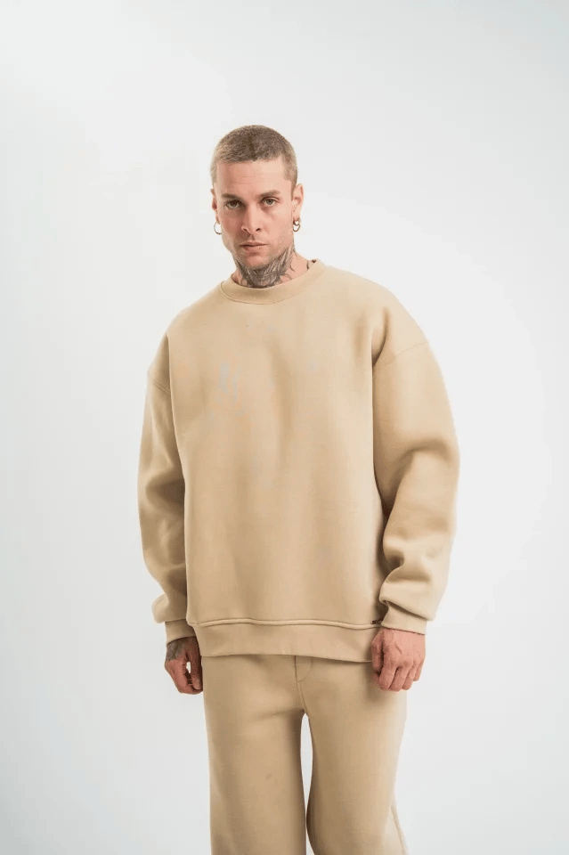 Uzun Kol Bisiklet Yaka Basic Sweatshirt - Bej