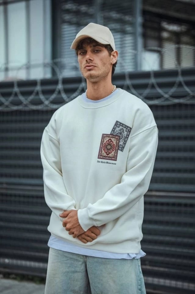 Uzun Kol Bisiklet Yaka Baskılı Sweatshirt - Beyaz