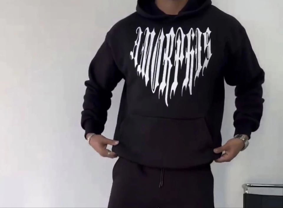 Uzun Kol Kapşonlu Baskılı Sweatshirt - Siyah