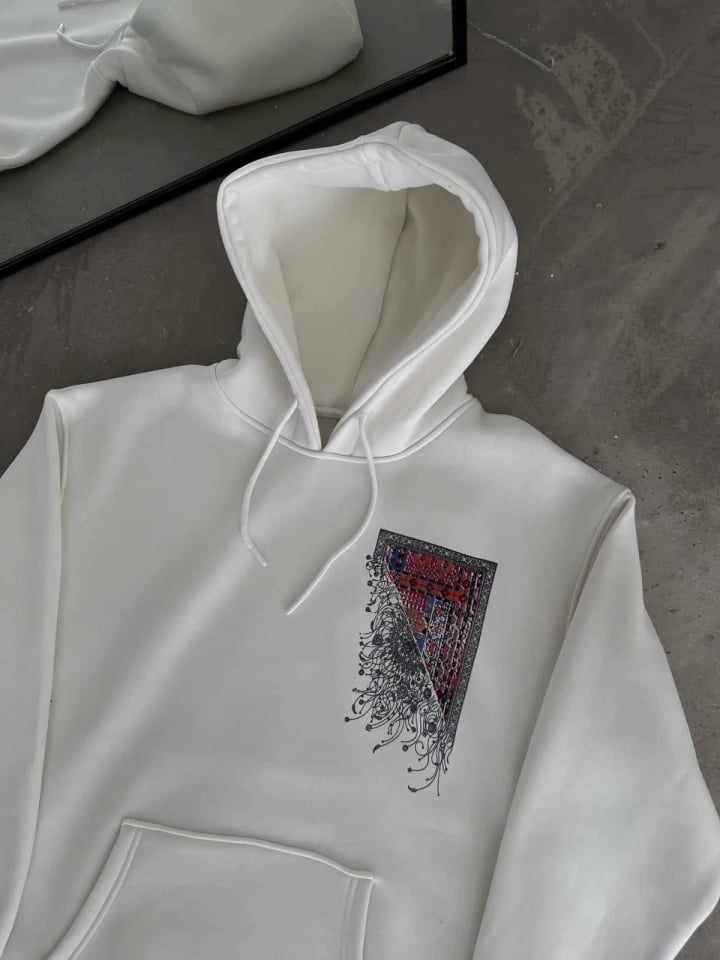 Uzun Kol Kapşonlu Ön Ve Arka Baskılı Sweatshirt - Beyaz