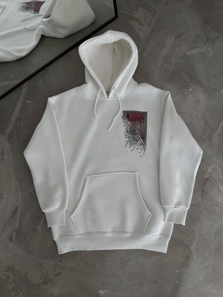 Uzun Kol Kapşonlu Ön Ve Arka Baskılı Sweatshirt - Beyaz
