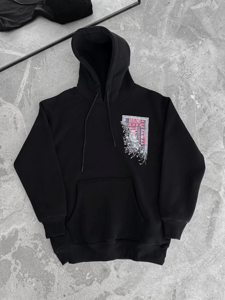 Uzun Kol Kapşonlu Ön Ve Arka Baskılı Sweatshirt - Siyah