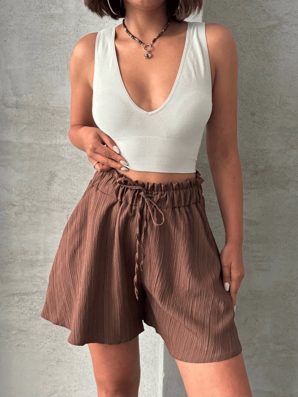 Volanlı Keten Şort Kahve S255058