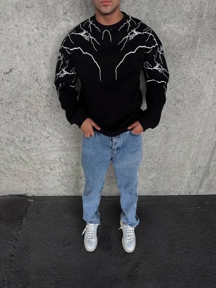 Yıldırım Baskılı Bisiklet Yaka Sweatshirt - Siyah