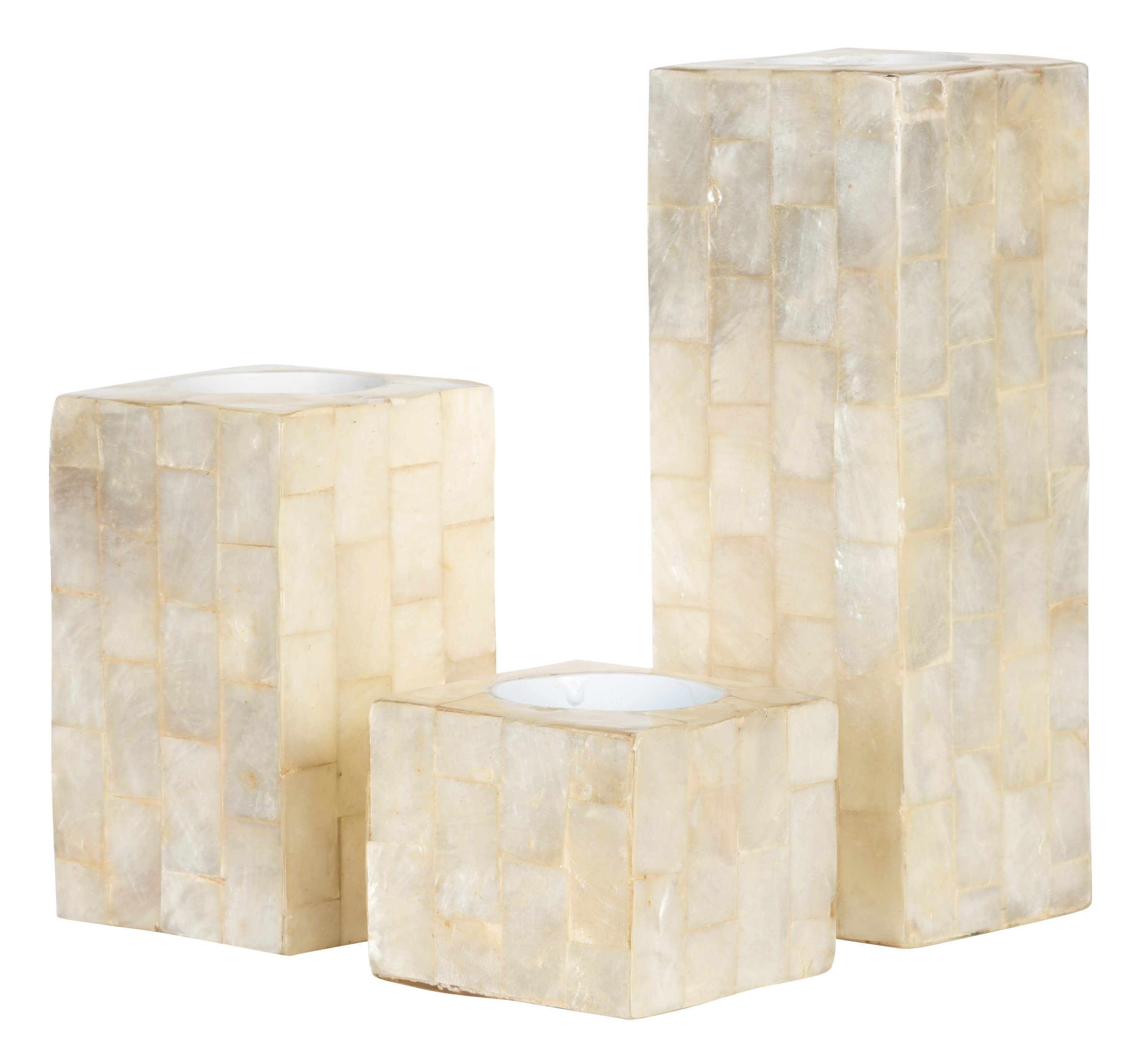 Sedefli 3'lü TeaLight Kare Mumluk Deniz Kabuğu Kaplama 6-10-16 cm