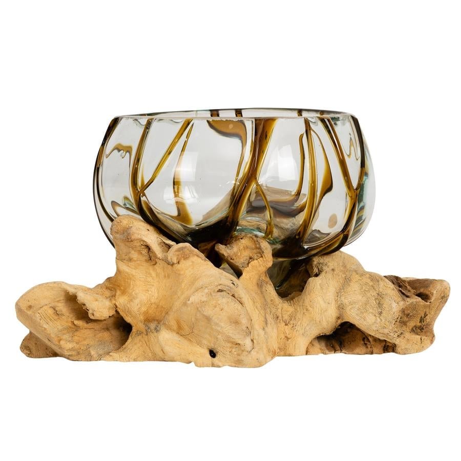 Vazo Ahşaba Cam Üfleme Bowl  13 cm Amber Çizgili