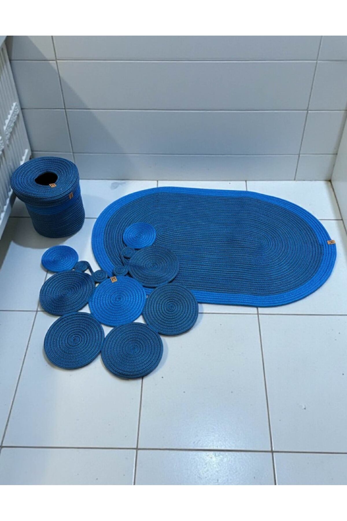 Banyo Seti 3'lü El Yapımı Örgü Paspas (60x100 cm) & Yuvarlak Çöp Kovası Seti | Leke Tutmaz