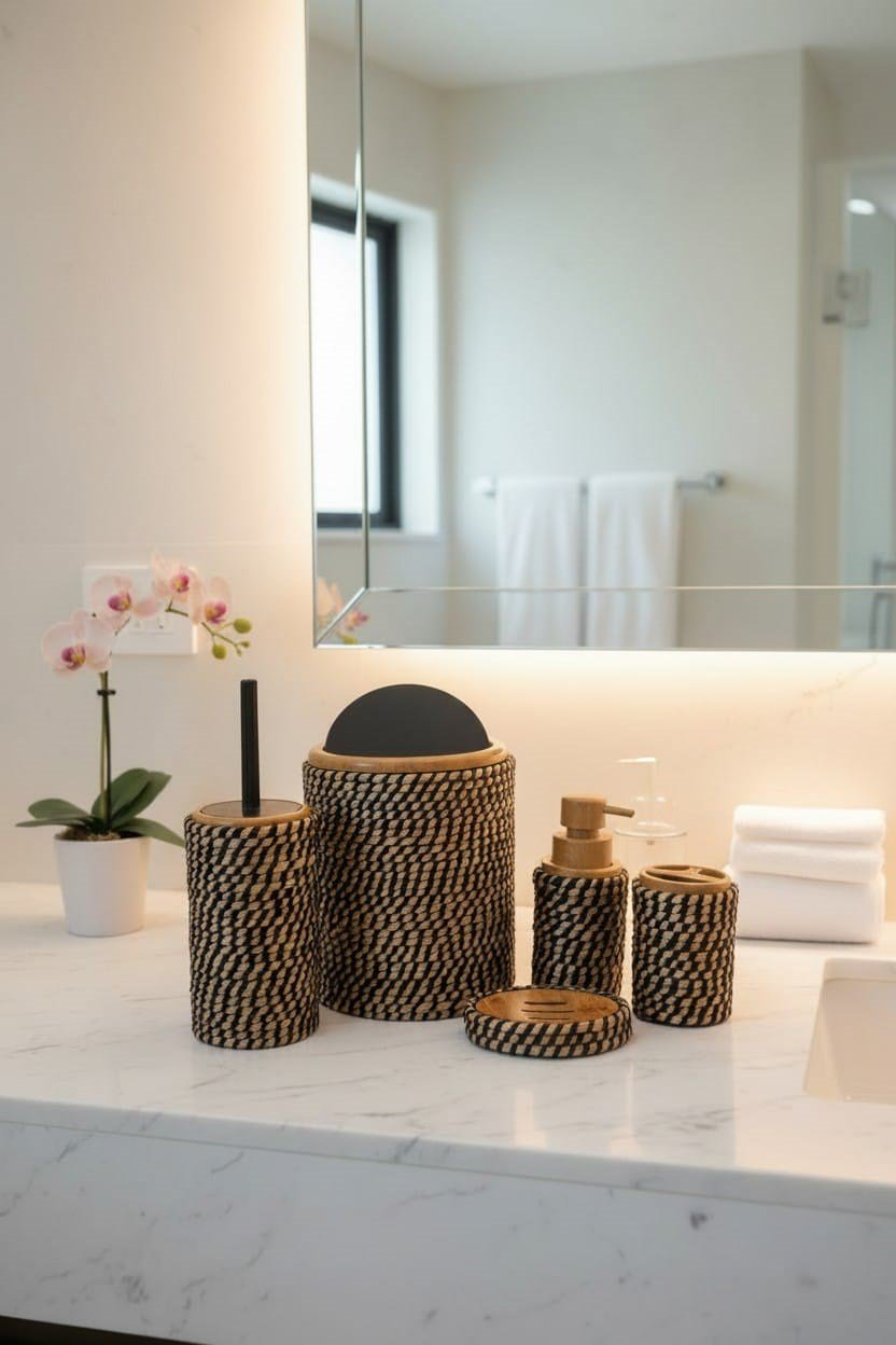 Banyo Takımı 6 Parça Hasır Dokulu – Modern & Zarif Tasarım