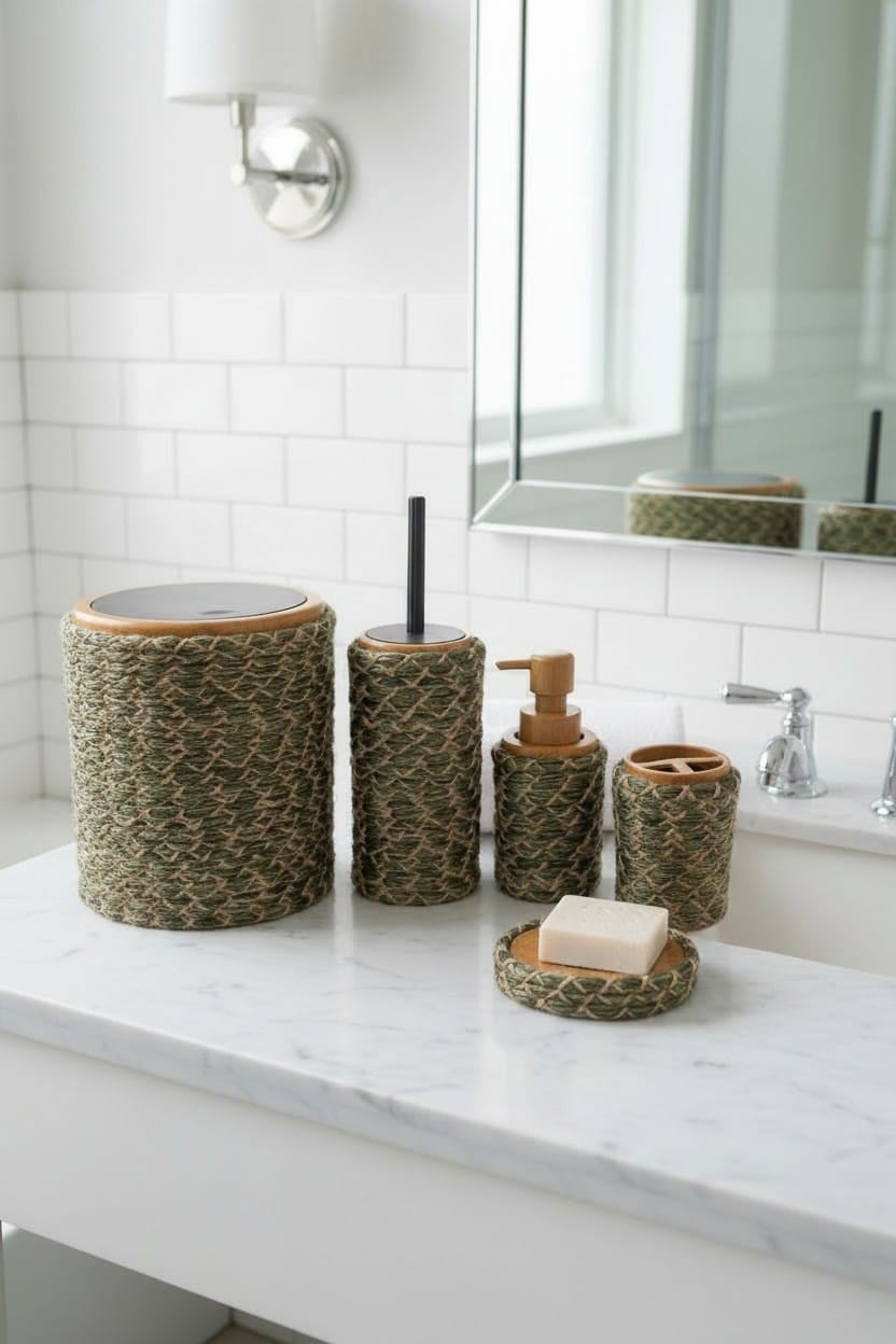 Banyo Takımı 6'lı Hasır Görünümlü – Modern Tarz – Natural
