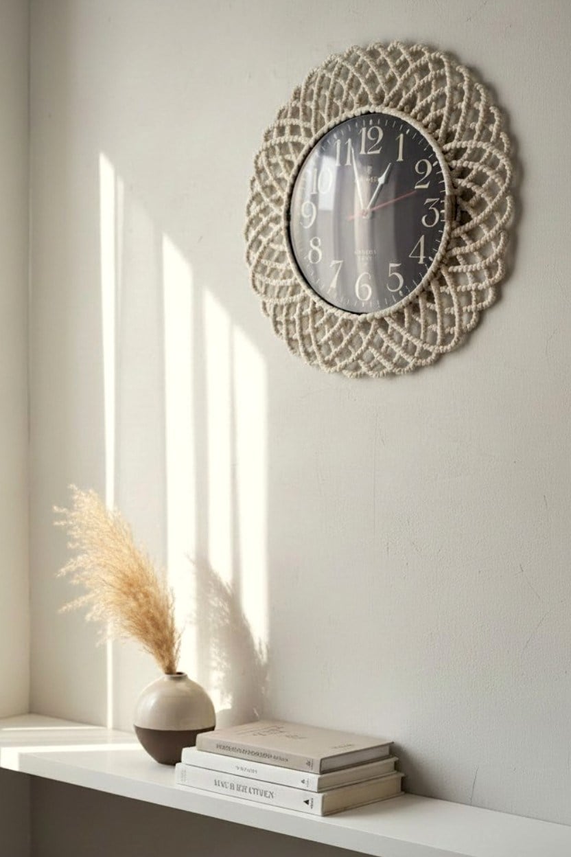 Bohem Hasır Çerçeveli Duvar Saati – Modern Görünümlü Dekoratif Salon Saati – 43 cm Beyaz/Siyah