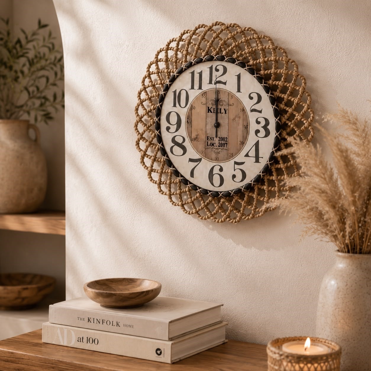 Bohem Natural/Siyah İp Detaylı Duvar Saati – Modern Görünümlü Dekoratif Saat – 43 cm