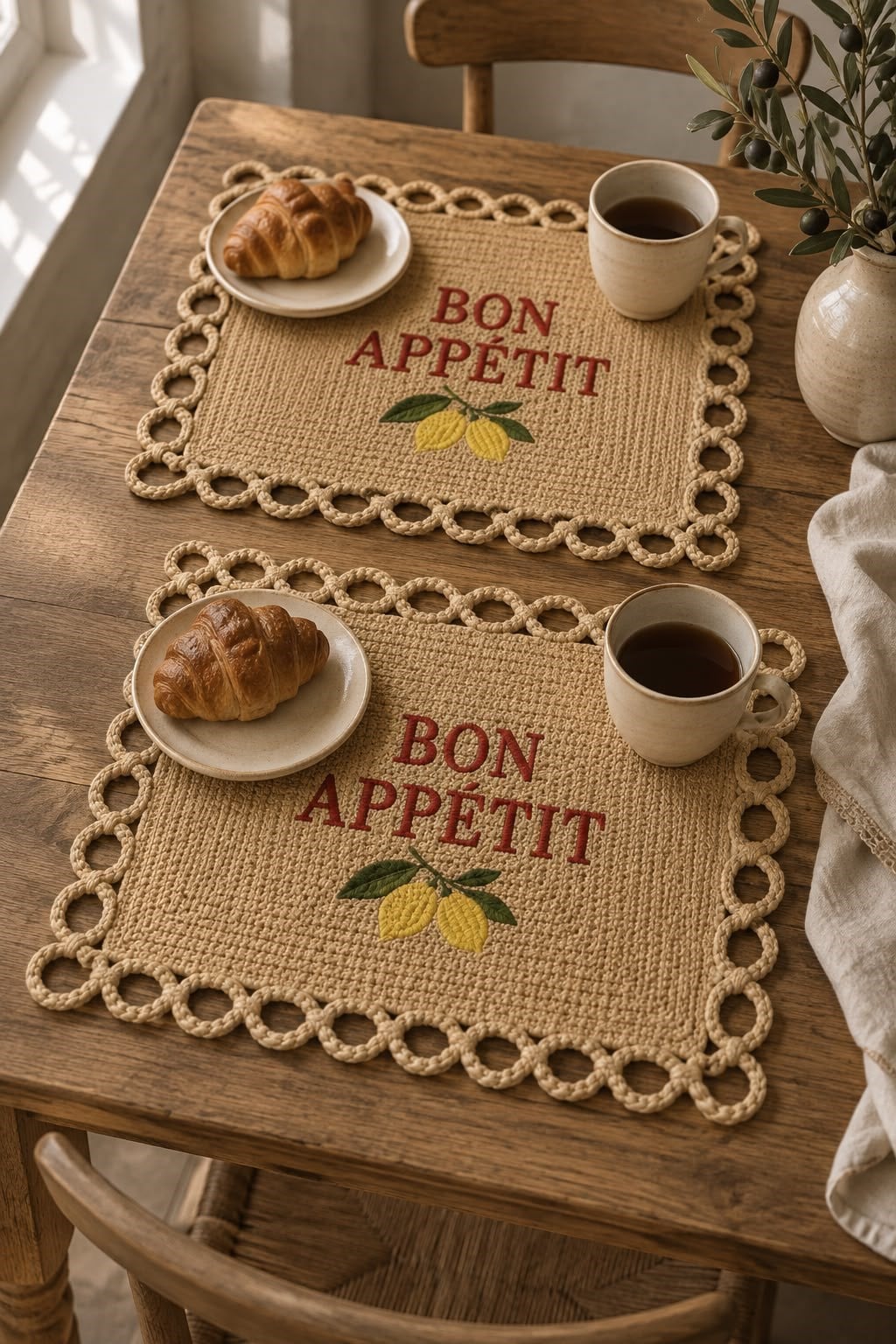 Bon Appétit Nakışlı Hasır Görünümlü Amerikan Servisi 2'li Set 34x34 cm Leke Tutmaz