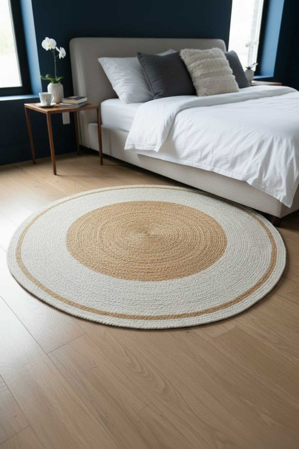 Çift Renk Geçişli Yuvarlak Jüt Halı Natural & Krem Minimal Bohem Dekor Halısı