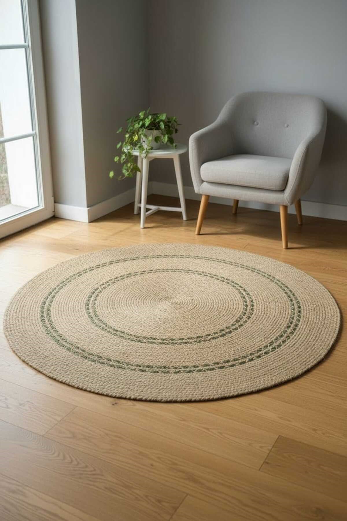Doğal Jüt Yuvarlak Halı Yeşil Desen Detaylı Bohem Modern Dekoratif Salon Halısı