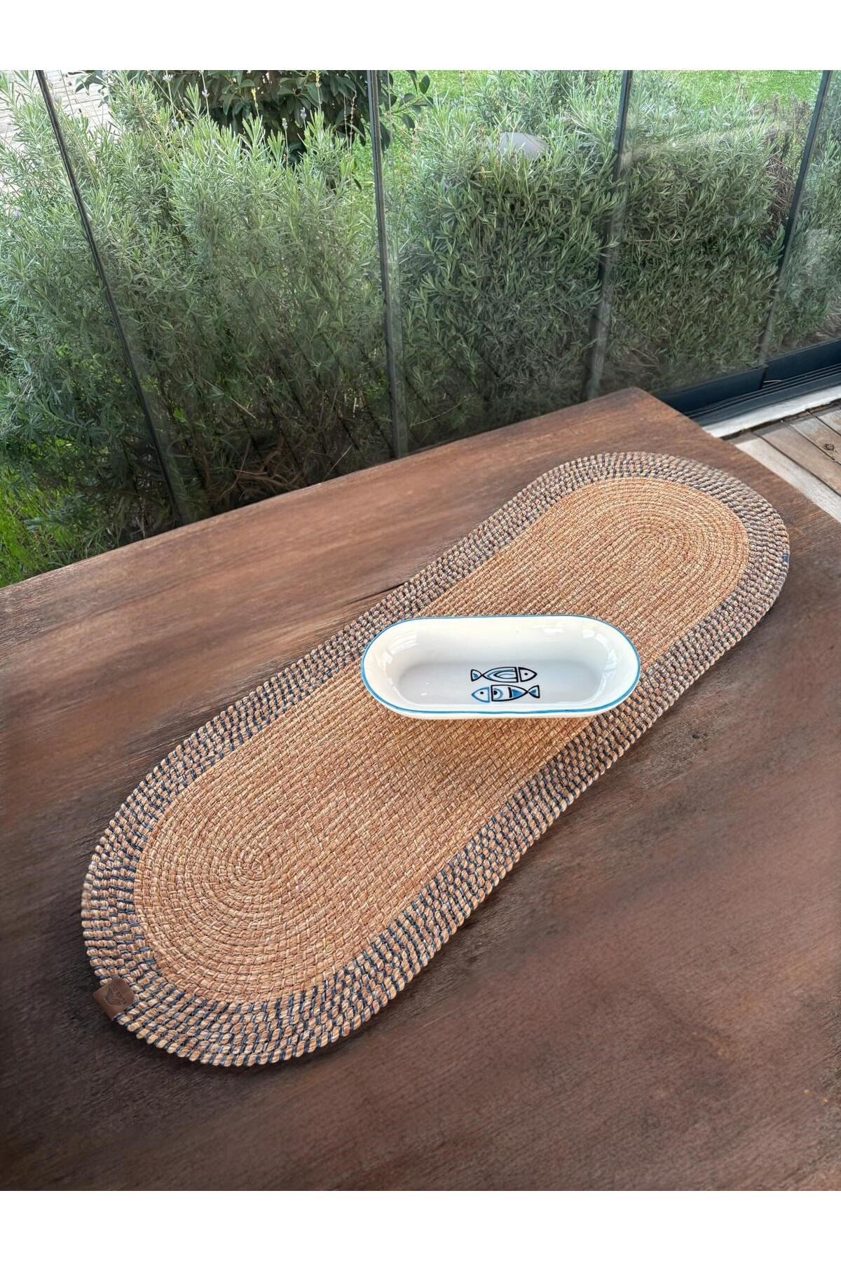 El Yapımı Görünümlü Modern Dokulu Mavi/Natural Oval Runner – Masa Üstü Dekor 35 x 100 cm