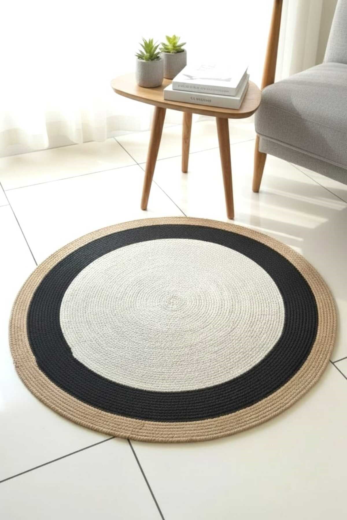 Modern İskandinav Yuvarlak Halı Siyah Çerçeveli Krem Dekoratif Salon Halısı Minimal Halı