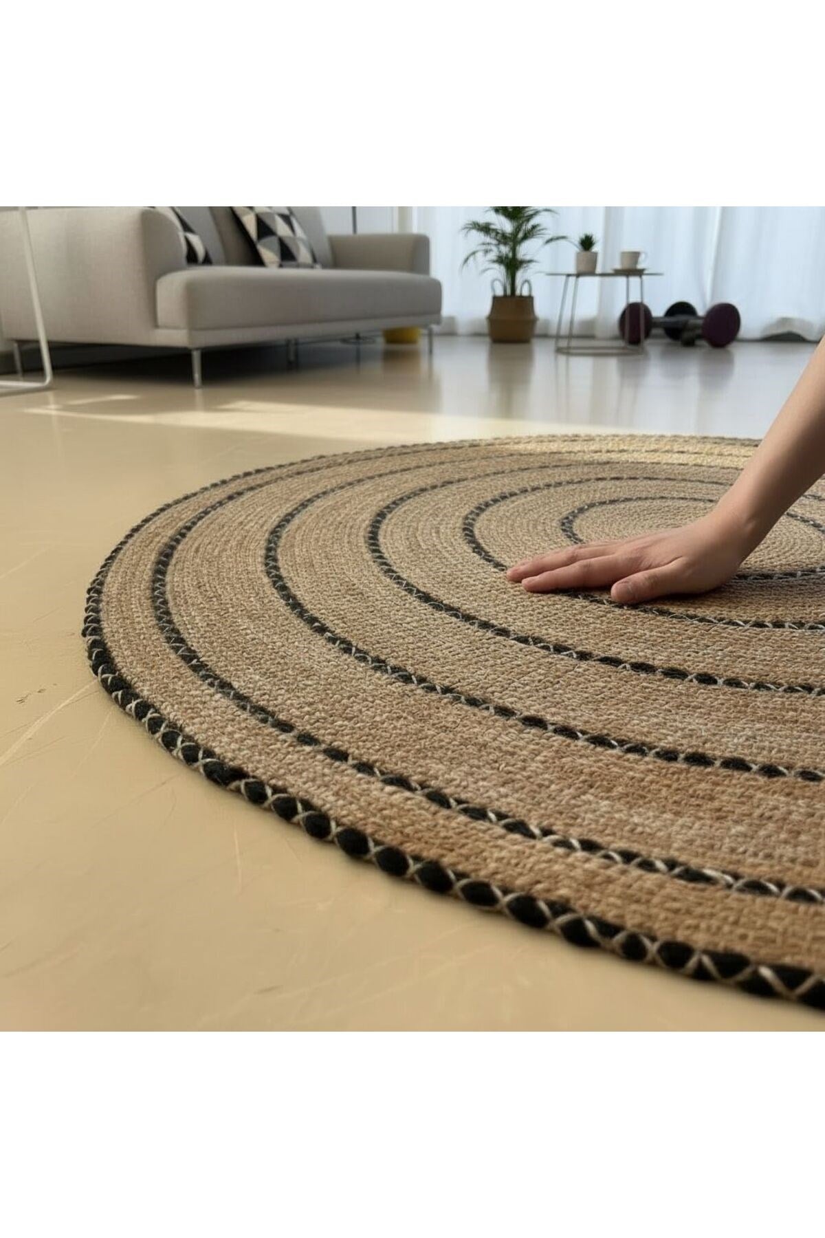 Polipropilen Modern Yuvarlak Jüt Görünümlü Mutfak Salon Halısı - 120 cm Çap