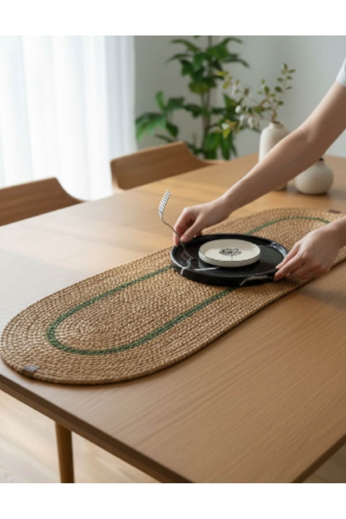 Runner Örgü Dokulu Oval Model 35x100 cm – Şık Masa Runnerı