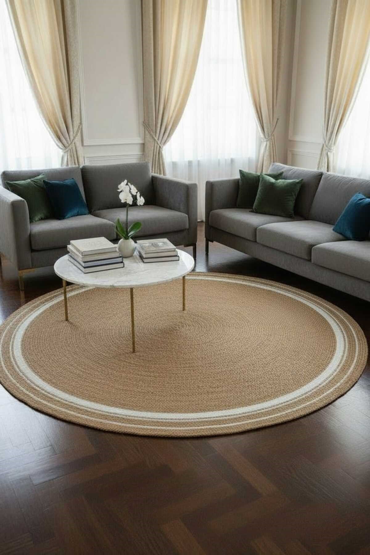 Yuvarlak Hasır Görünümlü Dekoratif Halı – Modern Bohem Stil Salon Halısı, Minimal Tarz Halı