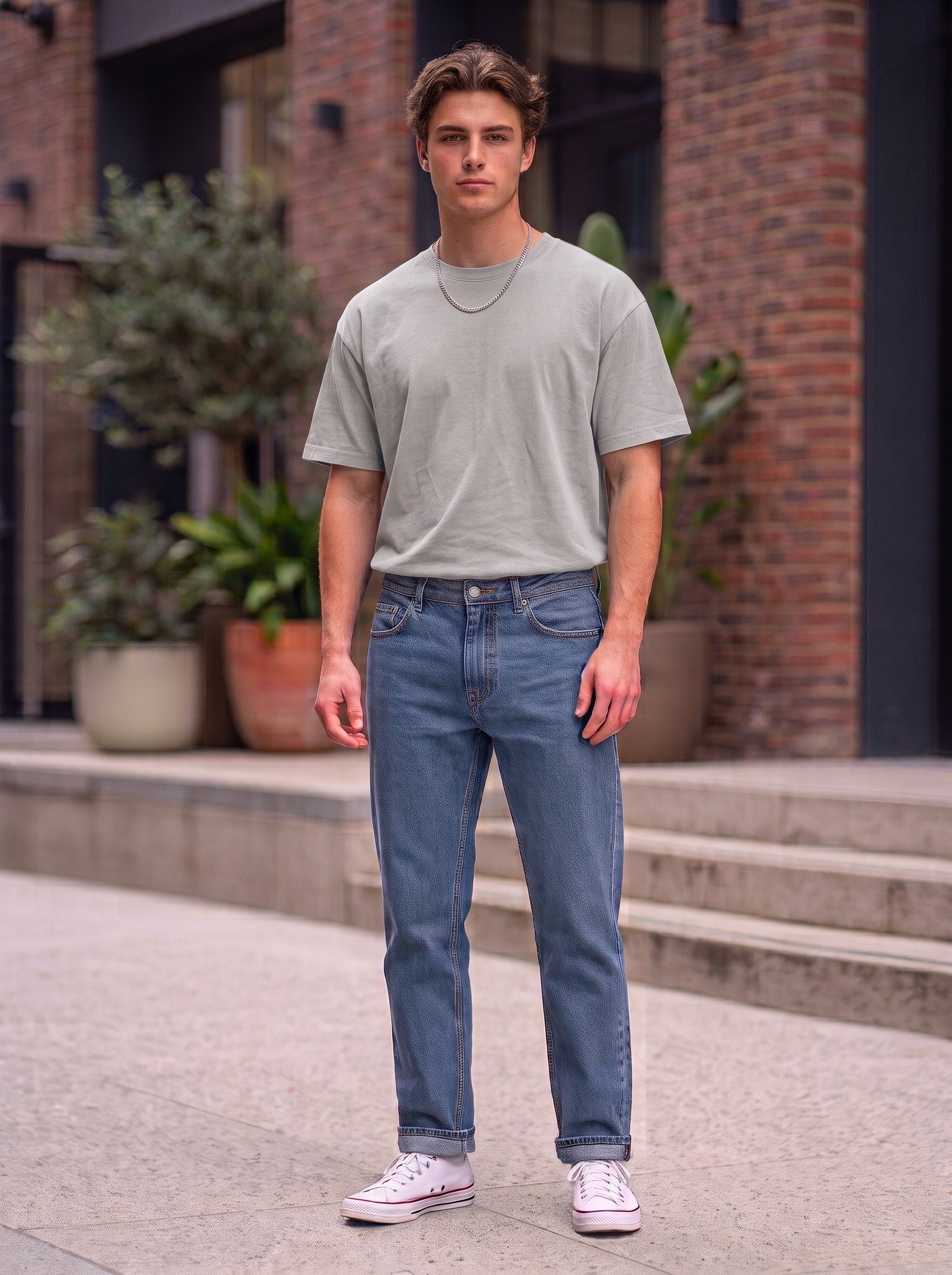 Erkek %100 Pamuklu Taş Bisiklet Yaka Düz Basic Geniş Rahat Kesim Oversize Tişört