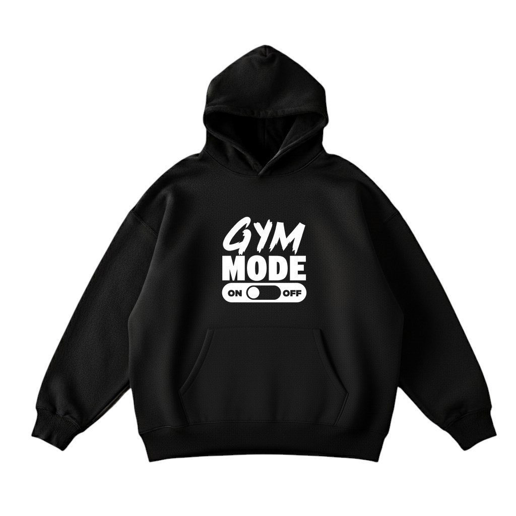 Gym Mode On/Off Baskılı Siyah Kapüşonlu Sweatshirt - Unisex Oversize Fitness Spor Salonu İçin Hoodie