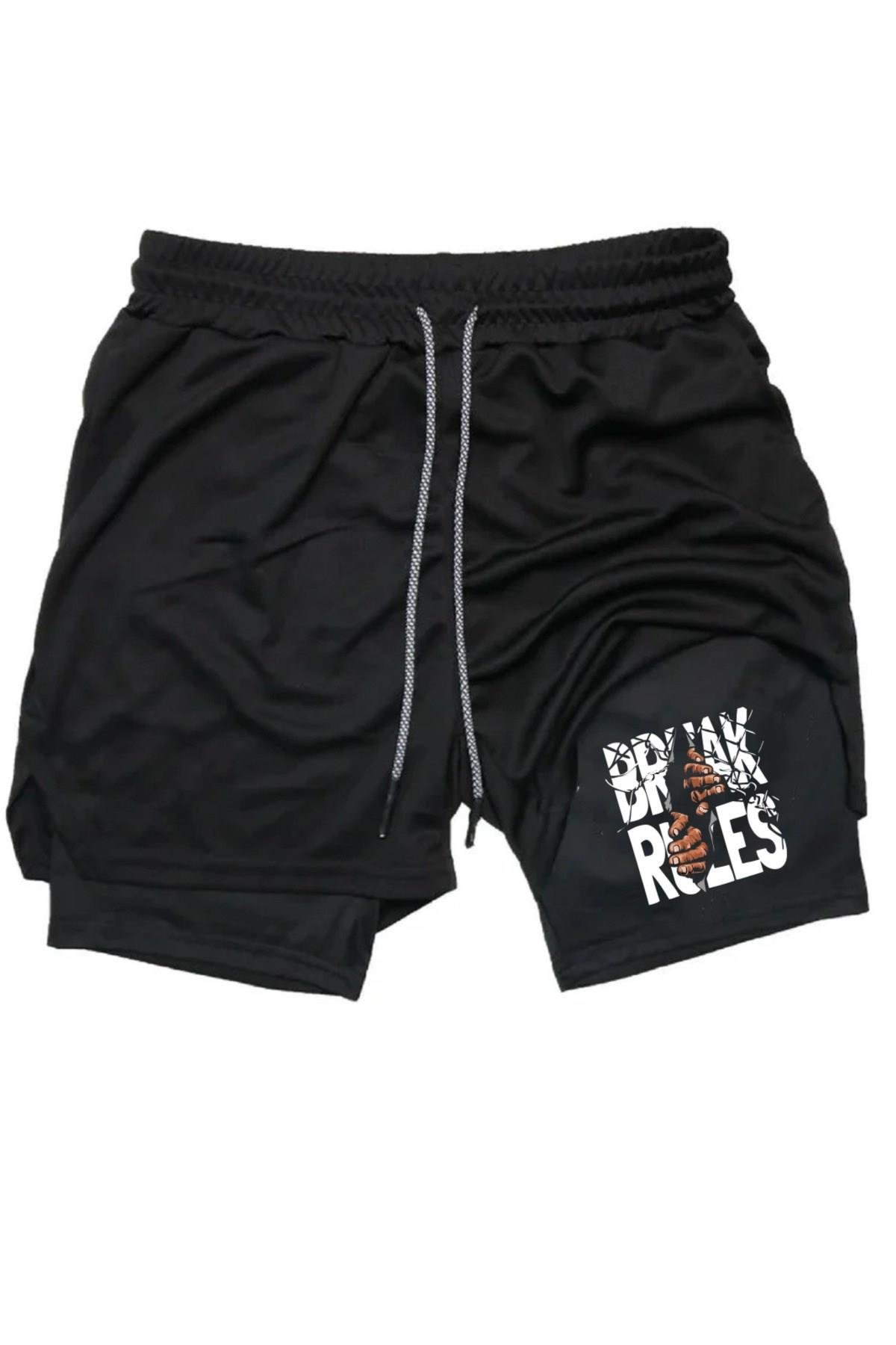 Hızlı Kuruyan 2 in 1 Yetişkin Unisex Spor Break Rules Baskılı Taytlı Şort Fitness Gym Antrenman Halı