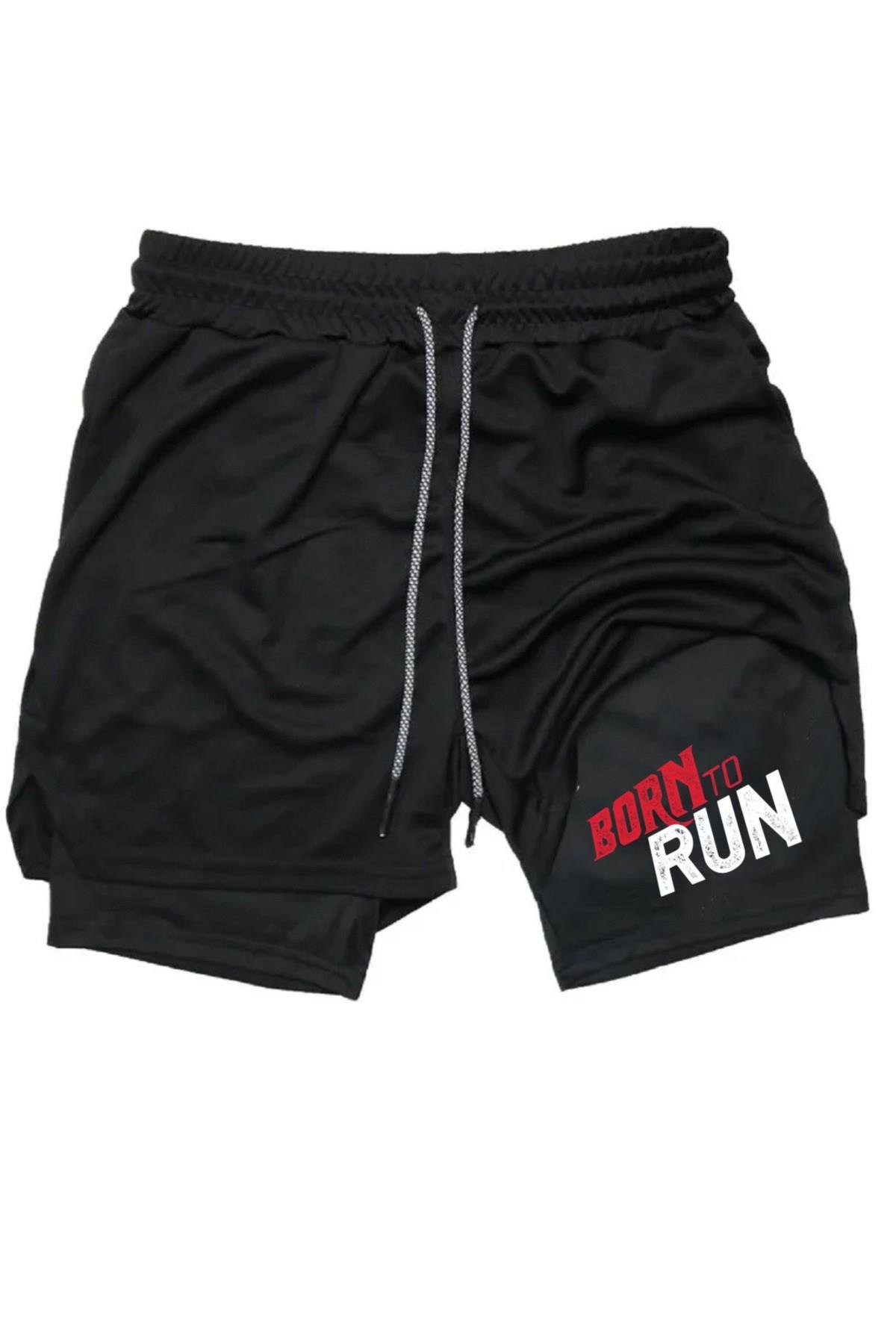 Hızlı Kuruyan 2 in 1 Yetişkin Unisex Spor Born To Run Baskılı Taytlı Şort Fitness Gym Antrenman Halı