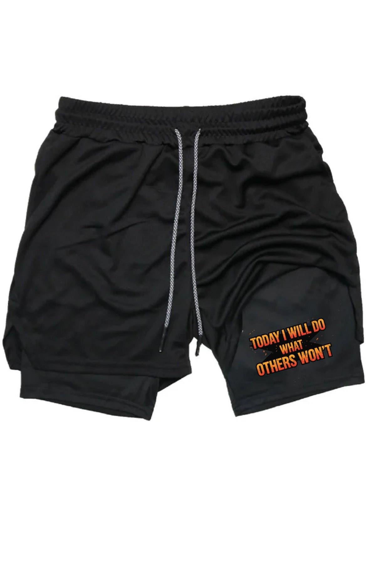 Hızlı Kuruyan 2 in 1 Yetişkin Unisex Spor Today I Will Do Baskılı Taytlı Şort Fitness Gym Antrenman