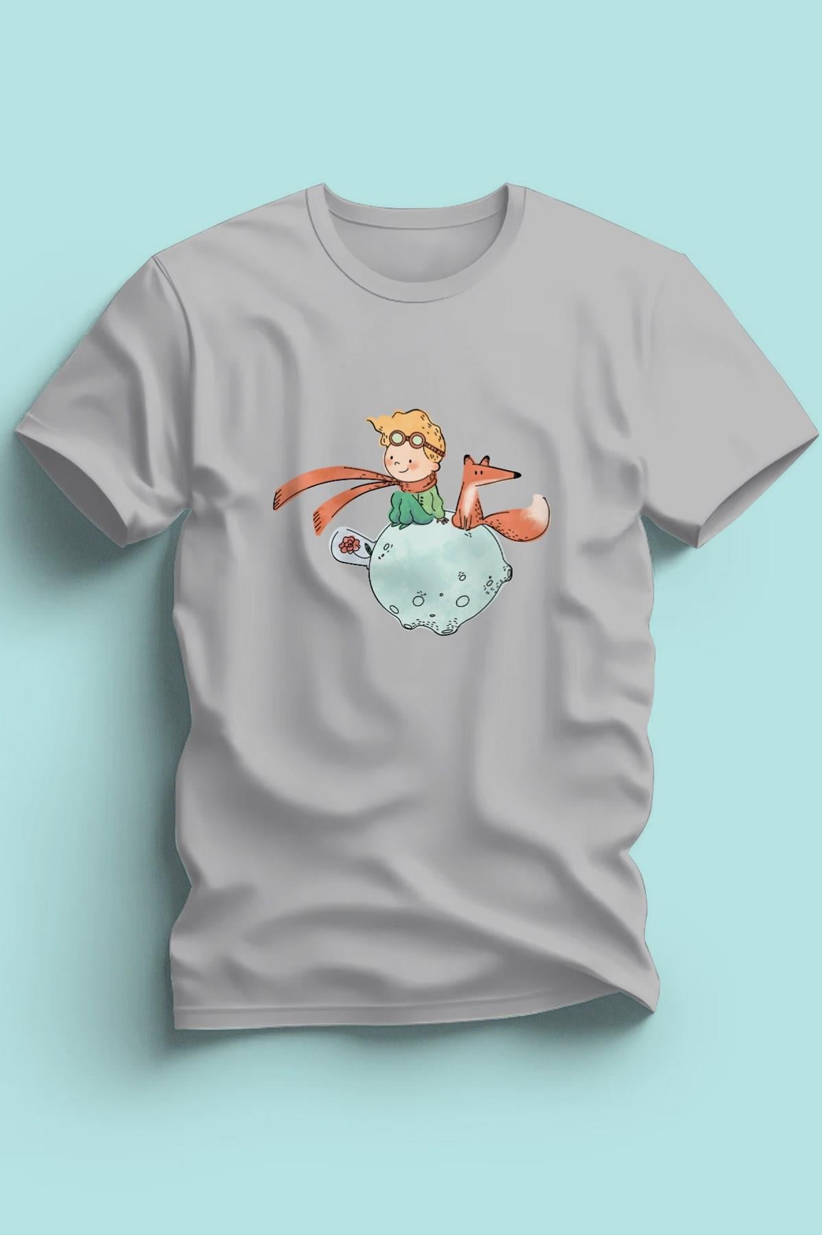 Kaliteli Penye Kız Çocuk Baskılı Gri Tshirt 5 6 7 8 9 10 11 12 13 14 yaş Kucuk Prens Petit Prince