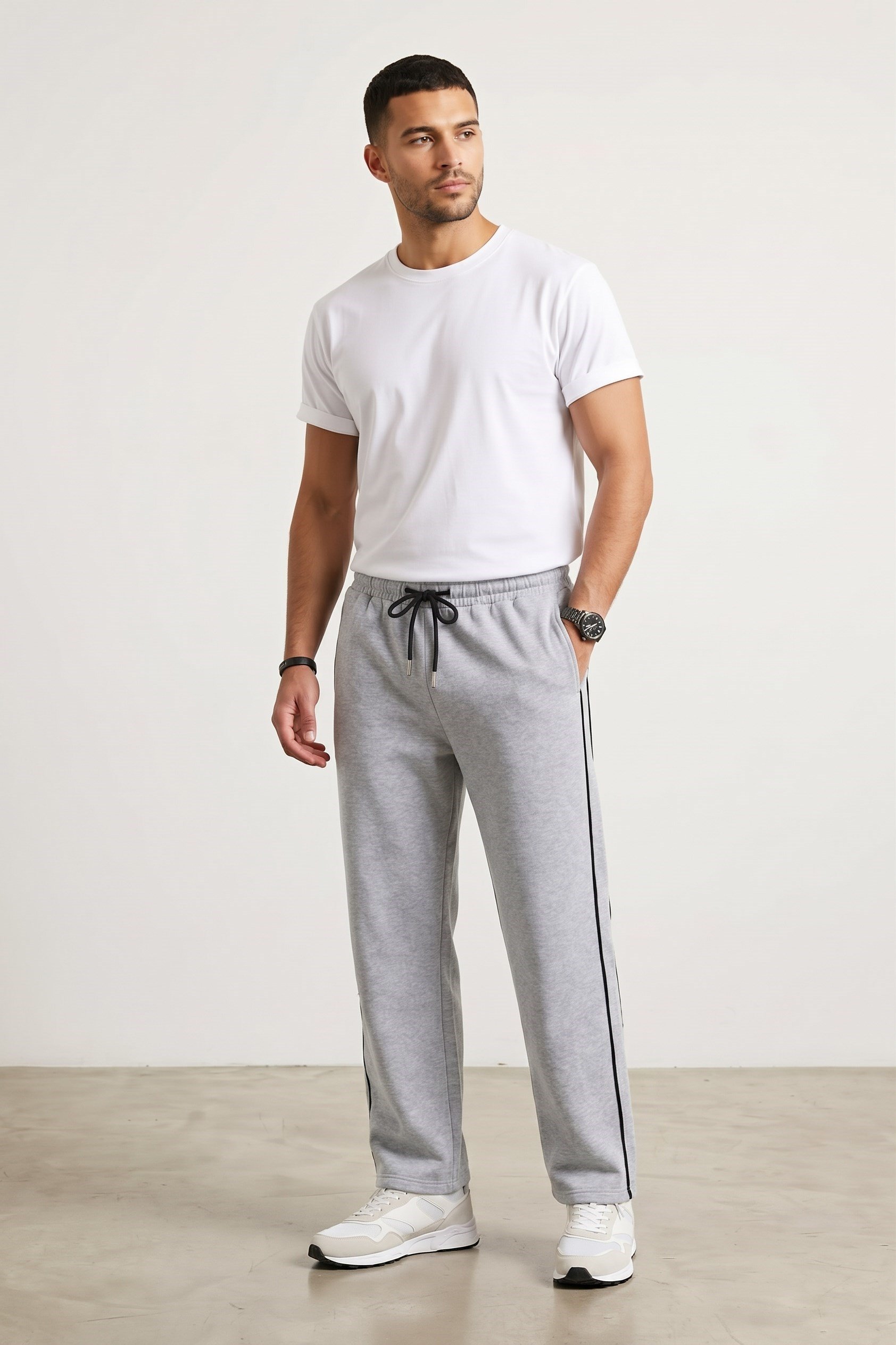 Machi Gri Erkek Biyeli Baggy Eşofman Altı Bol Paça Rahat Kalıp Beli Lastikli Cepli Sweatpants