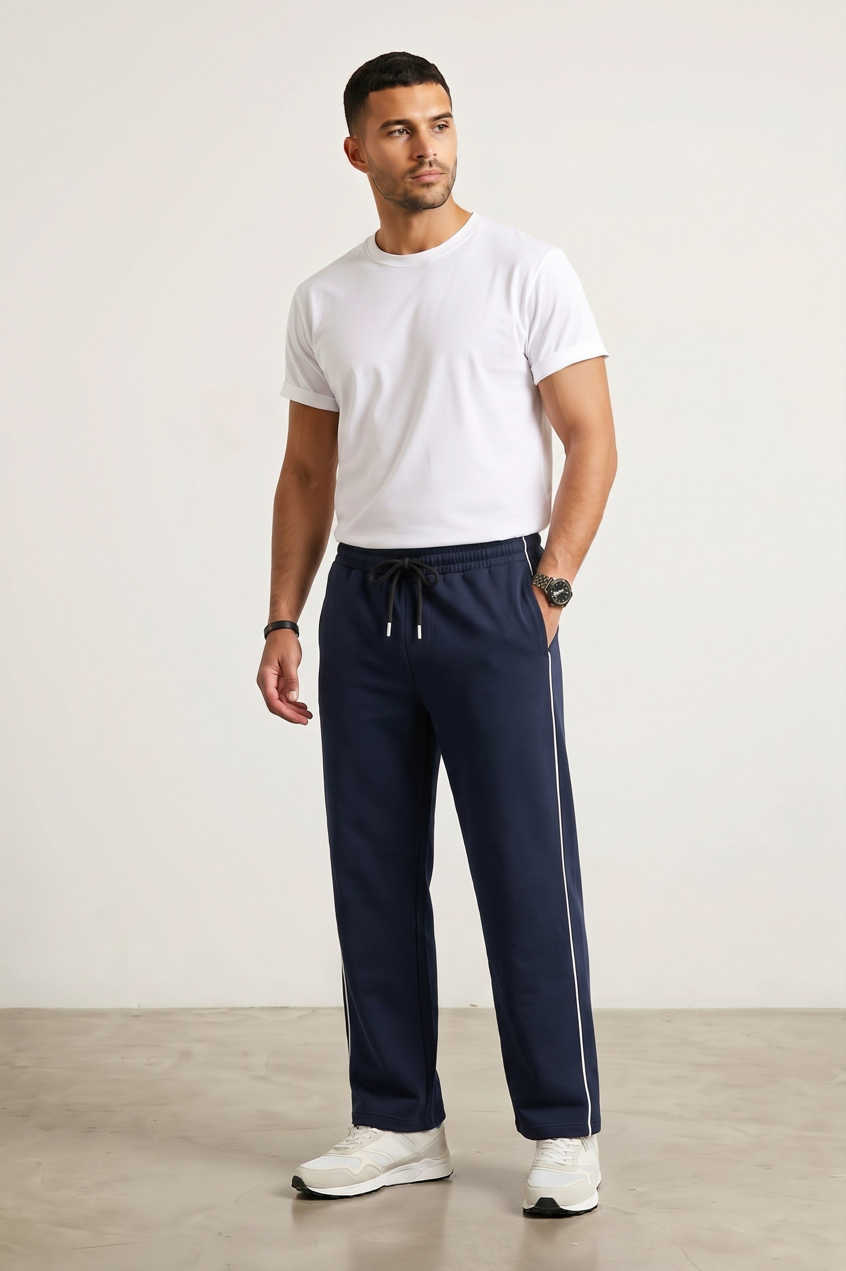Machi Lacivert Erkek Biyeli Baggy Eşofman Altı Bol Paça Rahat Kalıp Beli Lastikli Cepli Sweatpants