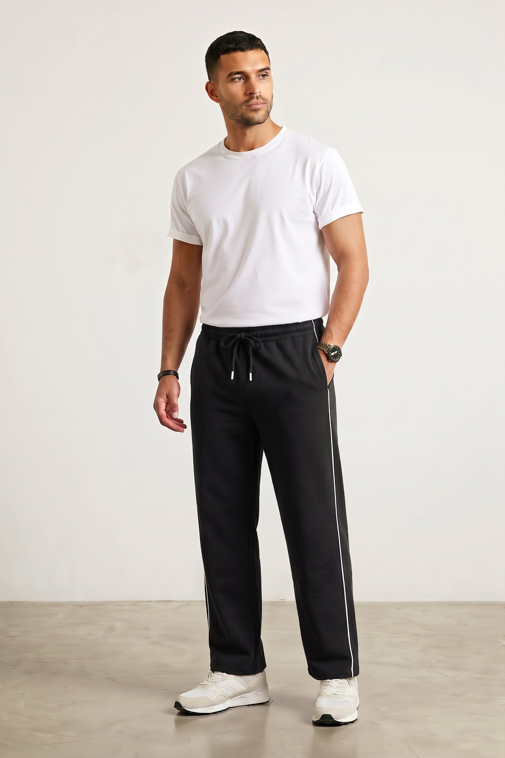 Machi Siyah Erkek Biyeli Baggy Eşofman Altı Bol Paça Rahat Kalıp Beli Lastikli Cepli Sweatpants