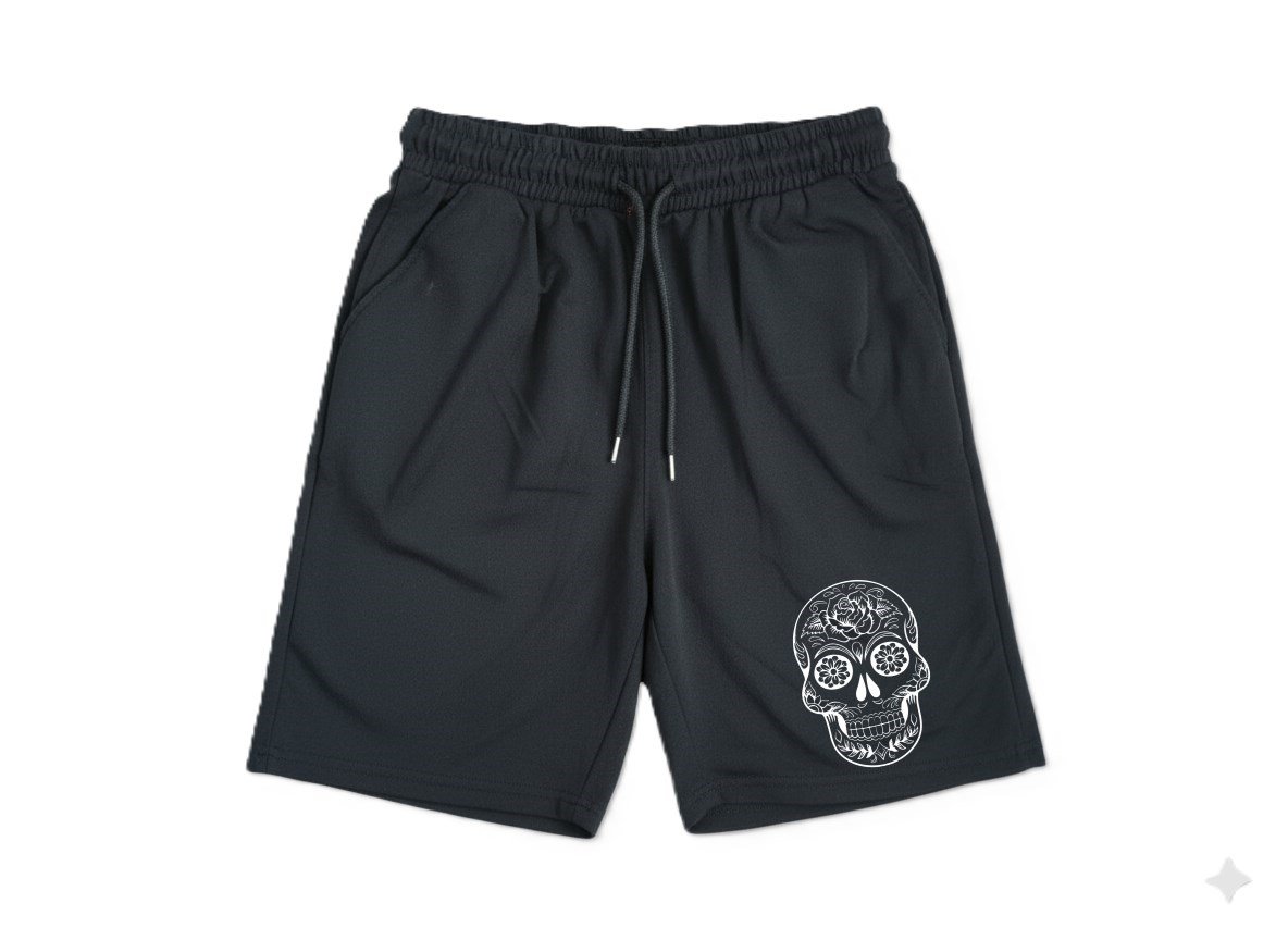 Machi Unisex Mexican Skull Baskılı Siyah Penye Rahat Kesim Cepli Lastikli Günlük Spor Şortu
