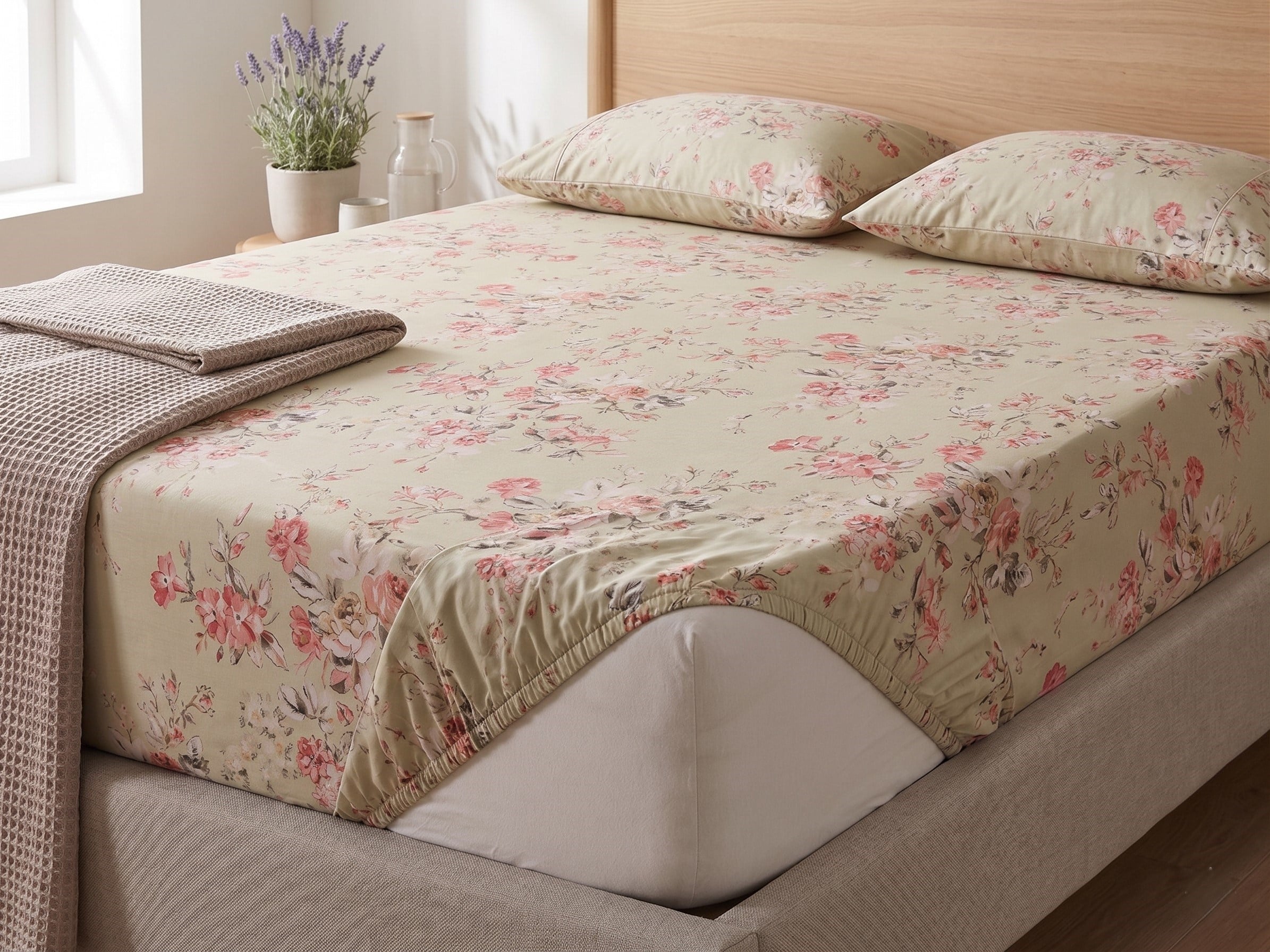 Maki Home %100 Pamuklu Çiçek Desenli 160x200 Çift Kişilik Lastikli Çarşaf Seti Yeşil Bej
