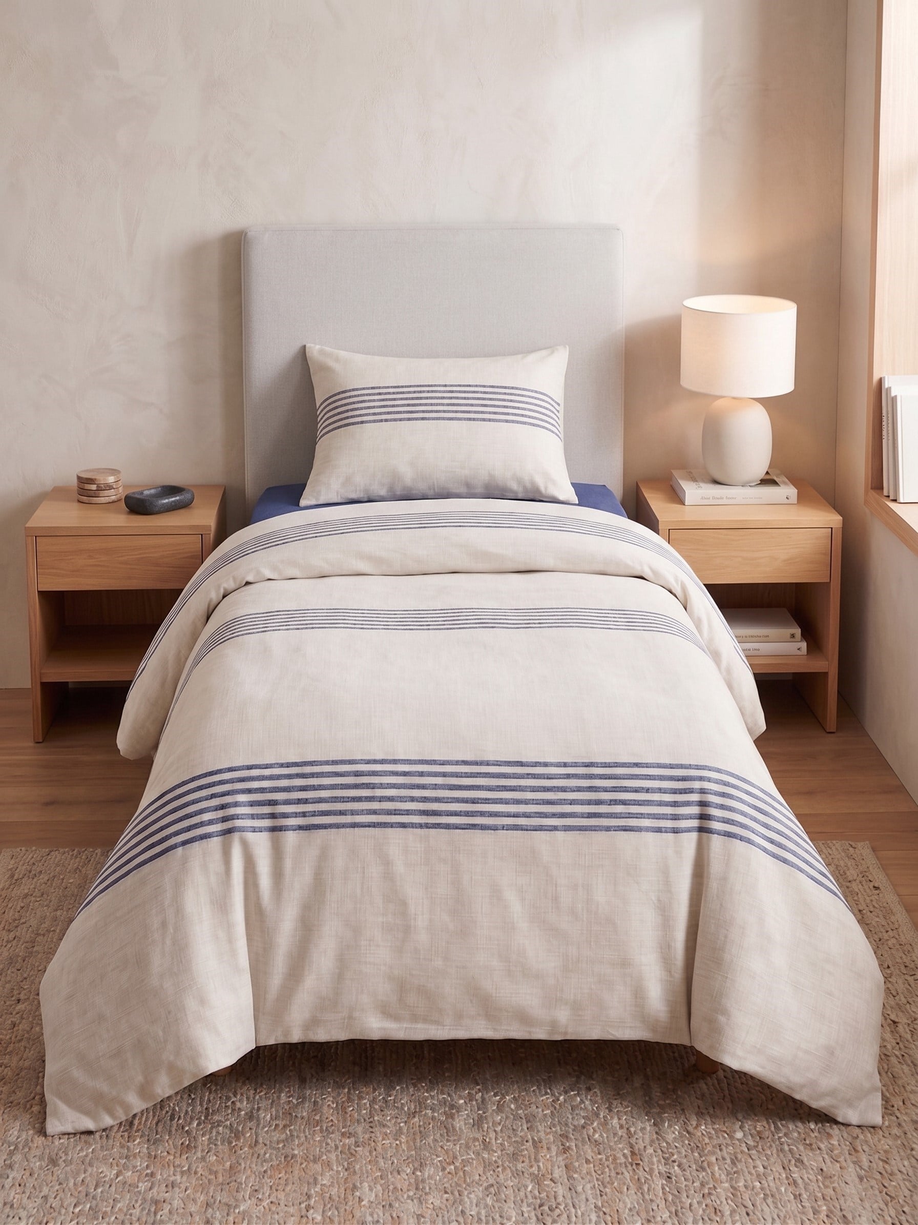 Maki Home %100 Pamuklu Keten Görünümlü Lacivert Çizgili Modern 160x220 Tek Kişilik Nevresim Seti