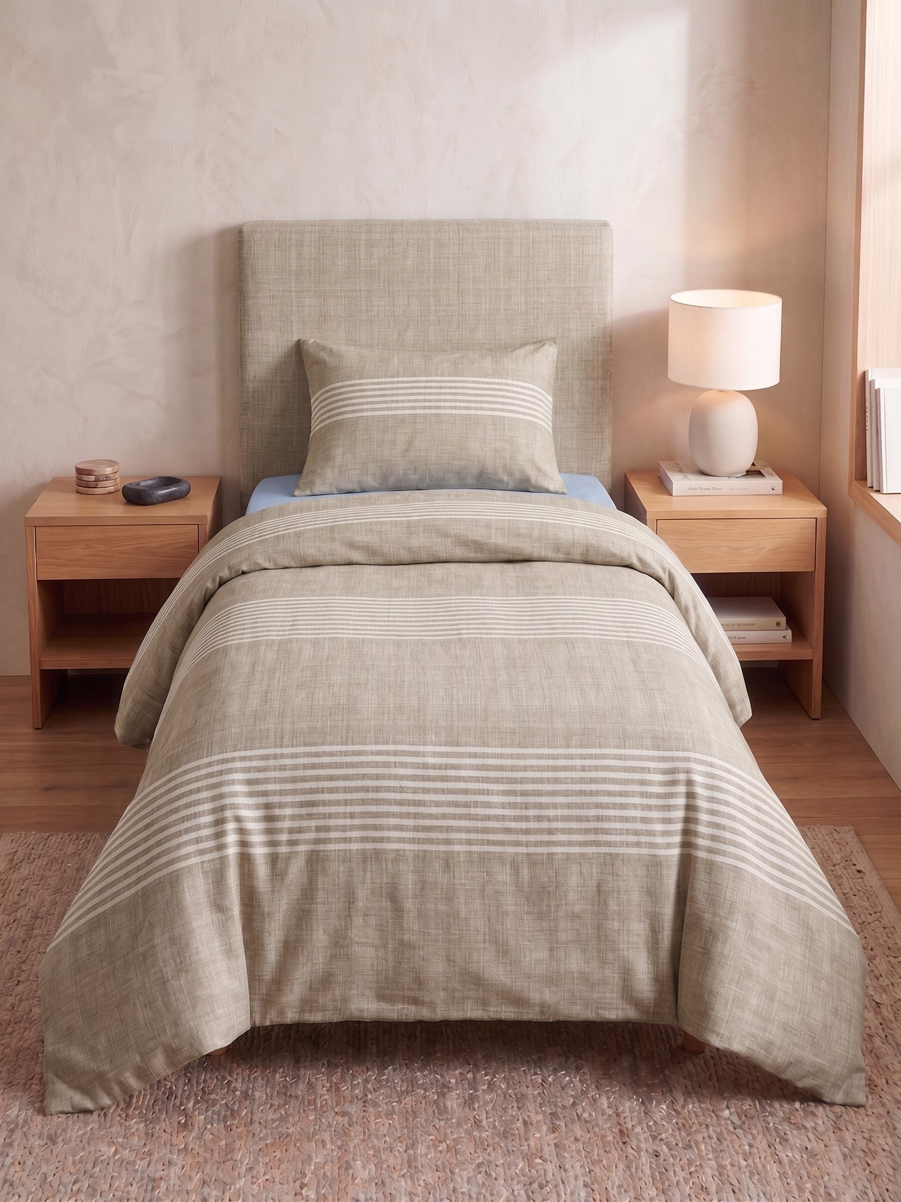 Maki Home %100 Pamuklu Keten Görünümlü Bej Çizgili Modern 160x220 Tek Kişilik Nevresim Seti