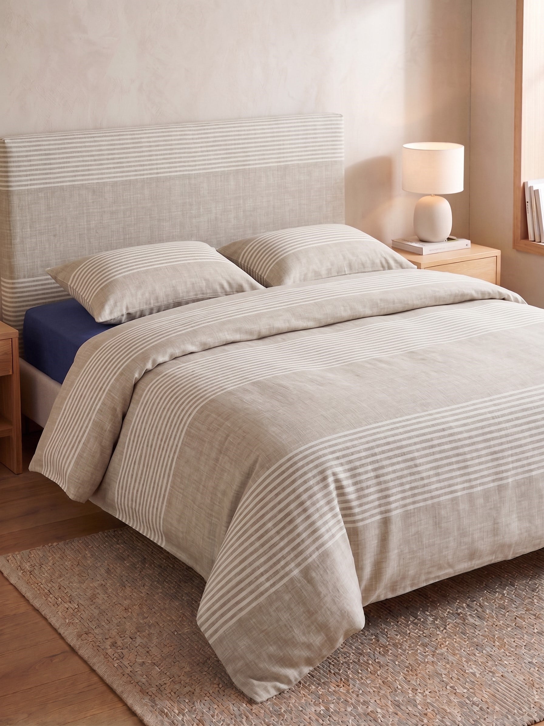 Maki Home %100 Pamuklu Keten Görünümlü Lacivert Çizgili Modern 200x220 Çift Kişilik Nevresim Seti