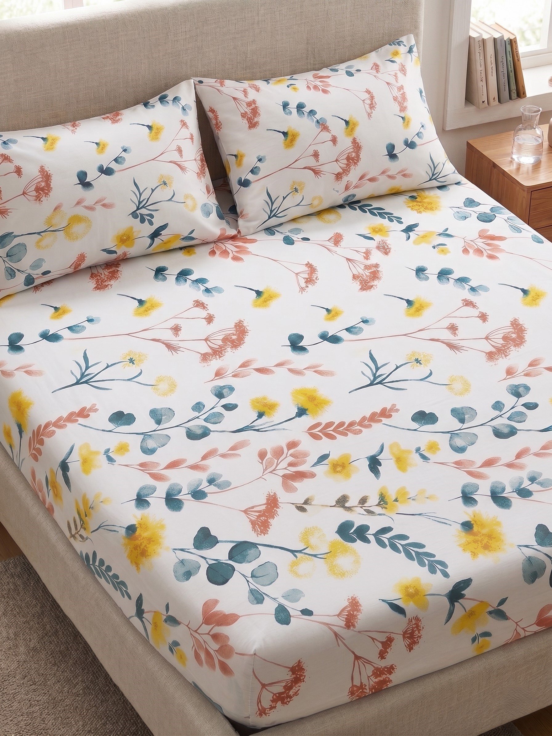 Maki Home %100 Pamuklu Kır Çiçek Desenli 160x200 Çift Kişilik Lastikli Çarşaf  ve Yastık Kılıfı Seti