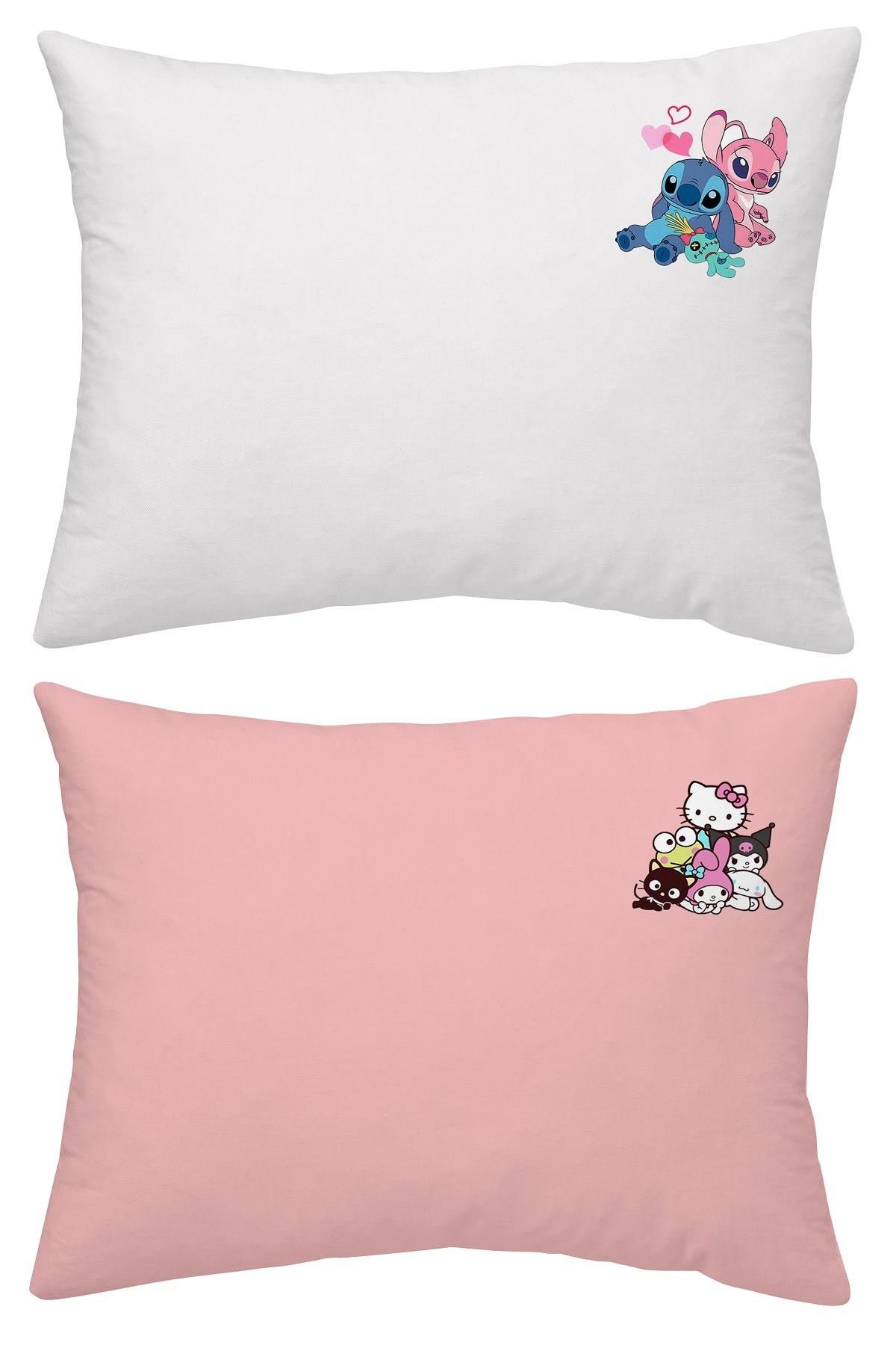 Maki Home %100 Pamuklu Lilo Stitch Hello Kitty Baskılı Beyaz Pembe İki Adet 50x70 Yastık Kılıfı