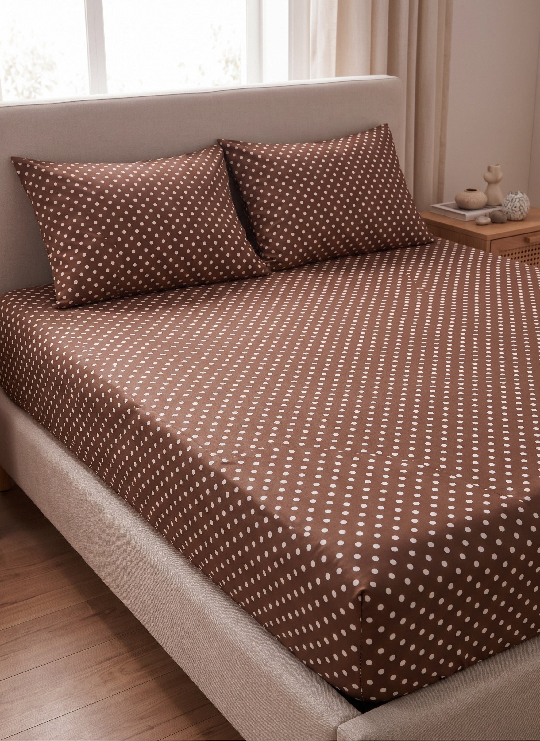 Maki Home %100 Pamuklu Retro Beyaz Puantiyeli Kahve 160x200 Çift Kişilik Yüksek Lastikli Çarşaf Set