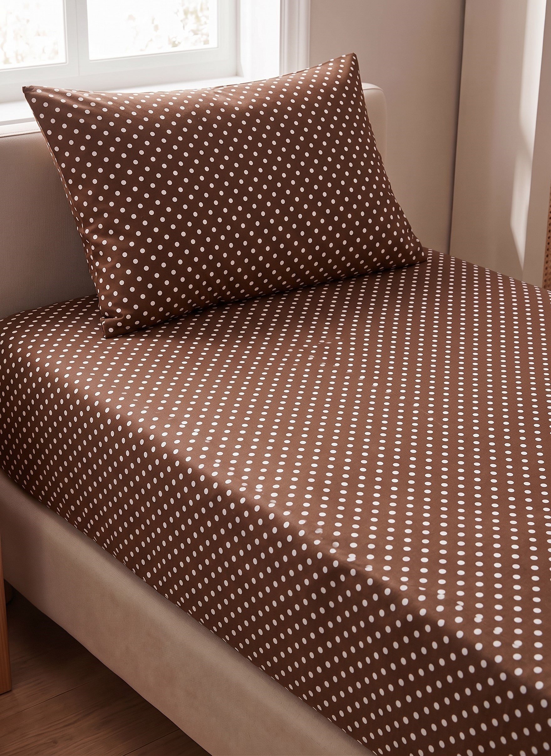 Maki Home %100 Pamuklu Retro Beyaz Puantiyeli Kahverengi 120x200 Tek Kişilik Lastikli Çarşaf Seti